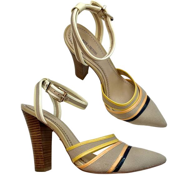 Pour La Victorie Kiran Sandal Heels Pointed Toe Strappy Ankle Neutral | Size 10 - Picture 1 of 12